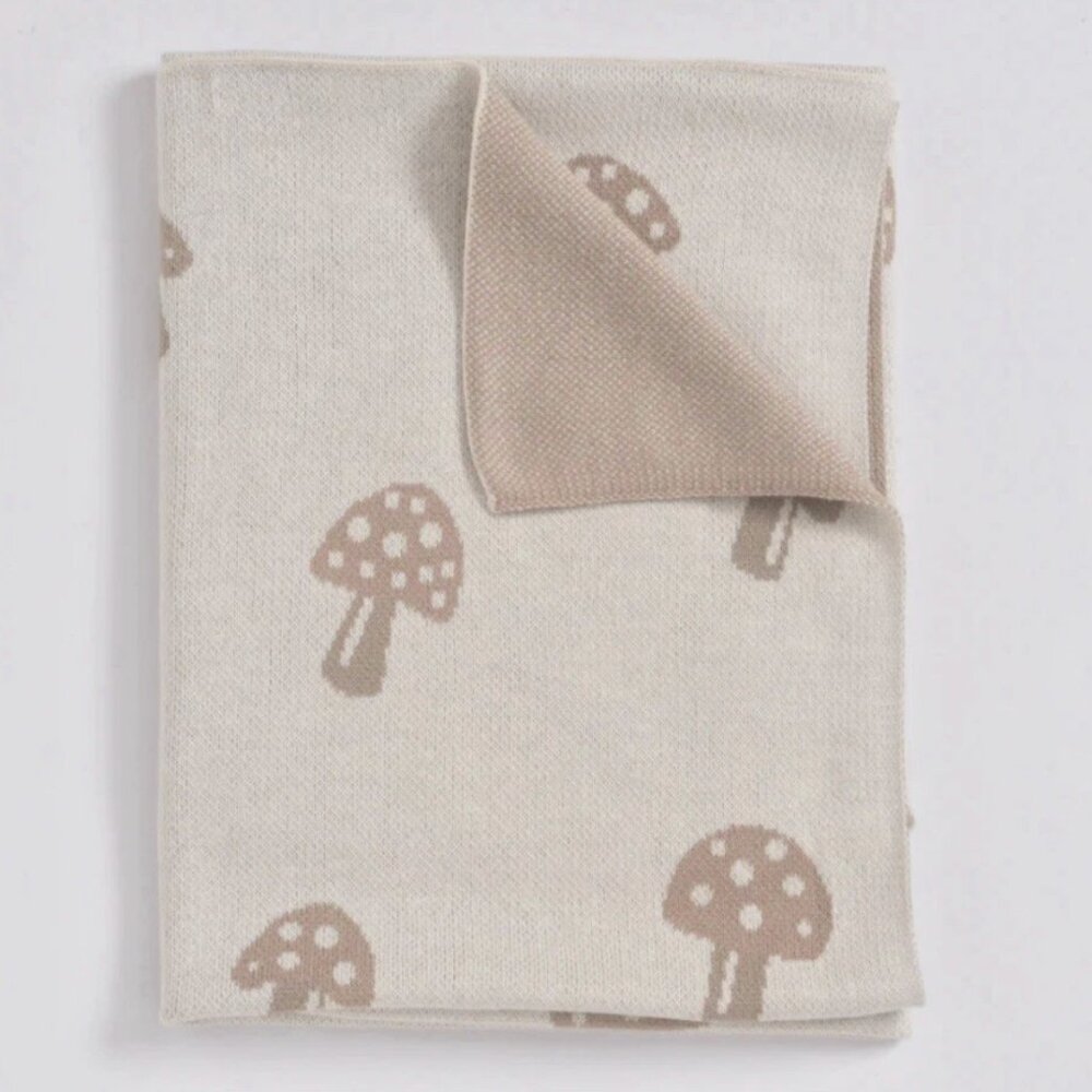 Mushroom Print Baby Blanket 36x36 Cotton Woodland Nursery Cottagecore